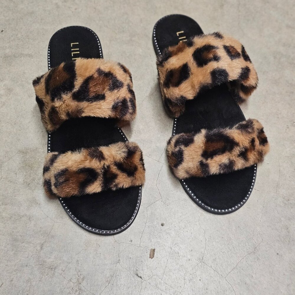 Leopard Print Faux Fur Double Strap Slides Chic Womens Indoor/Outdoor Footwear - Picture 5 of 6